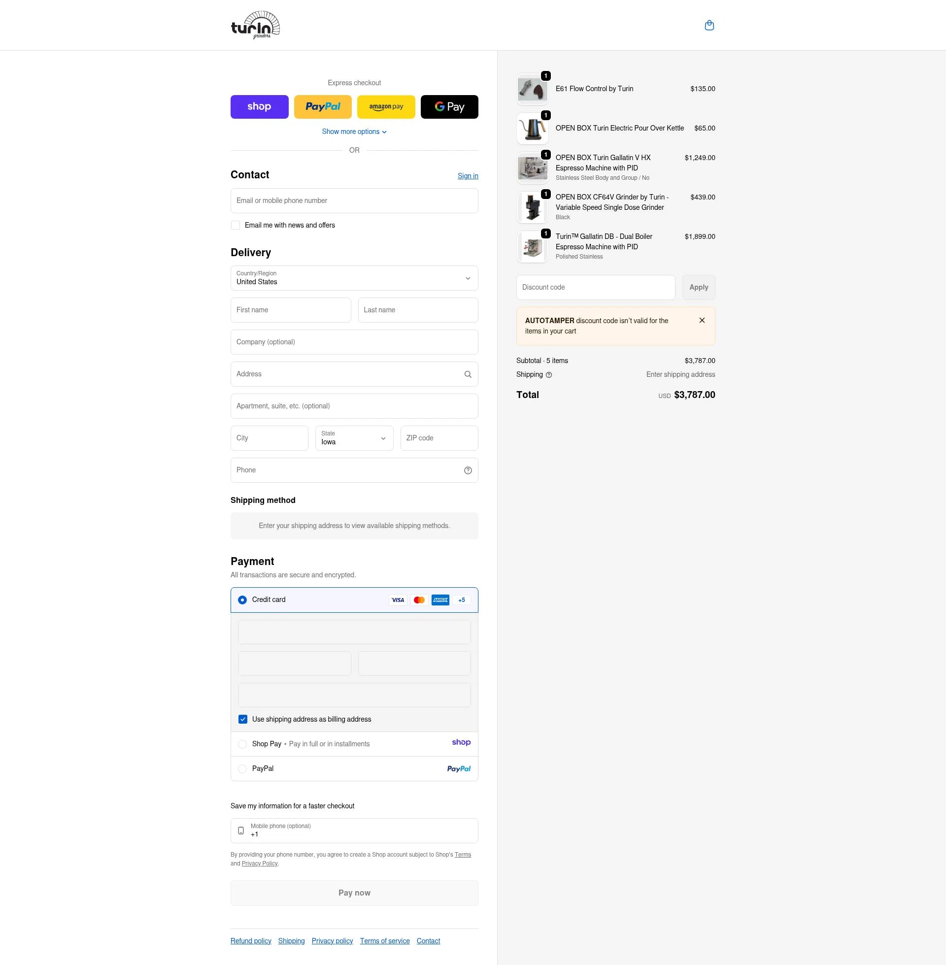 Turin Grinders checkout page showing Turin Grinders discount code box | Screenshot taken by SimplyCodes community member on Jan 10, 2026