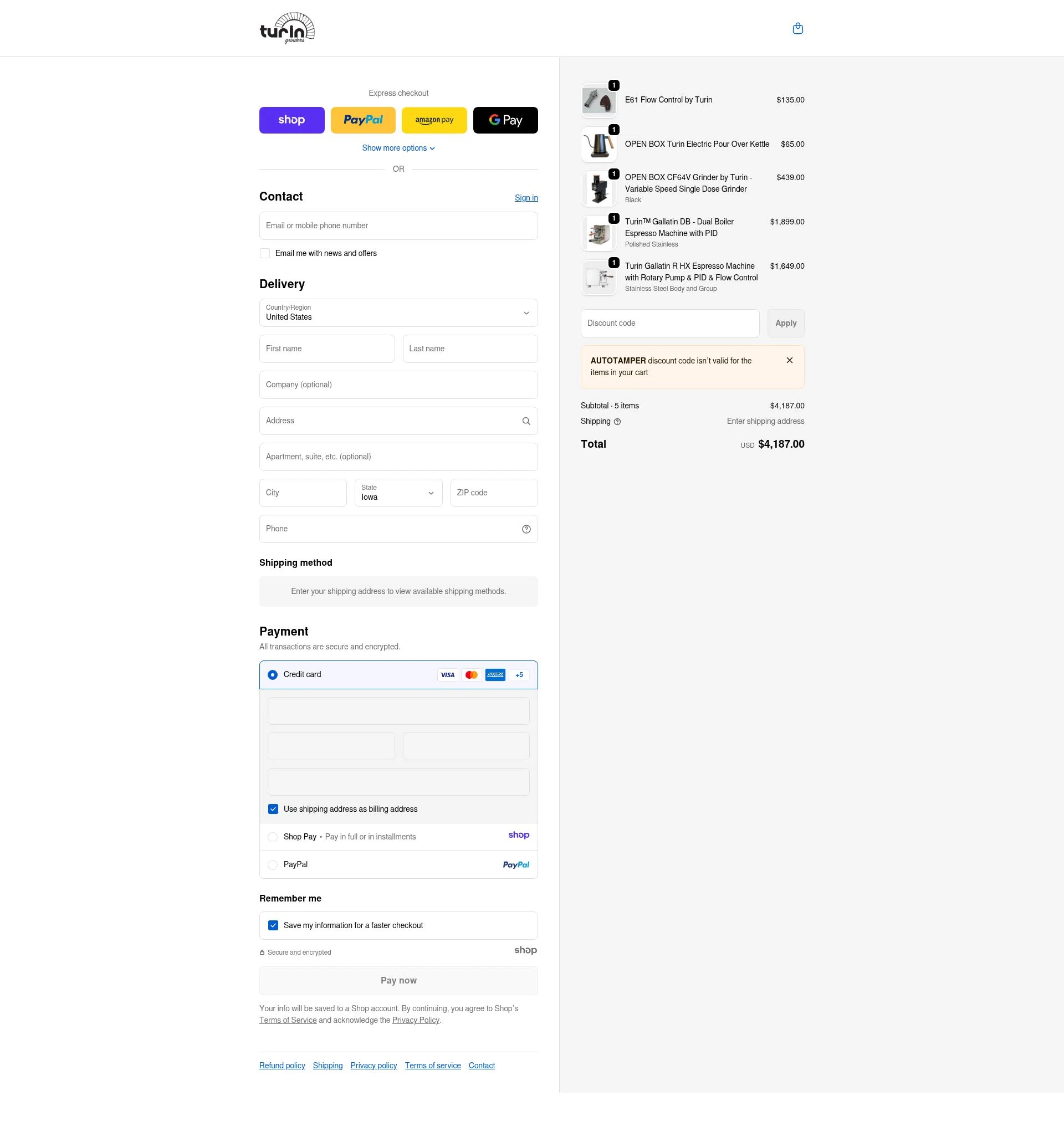 Turin Grinders checkout page showing Turin Grinders discount code box | Screenshot taken by SimplyCodes community member on Jan 15, 2026