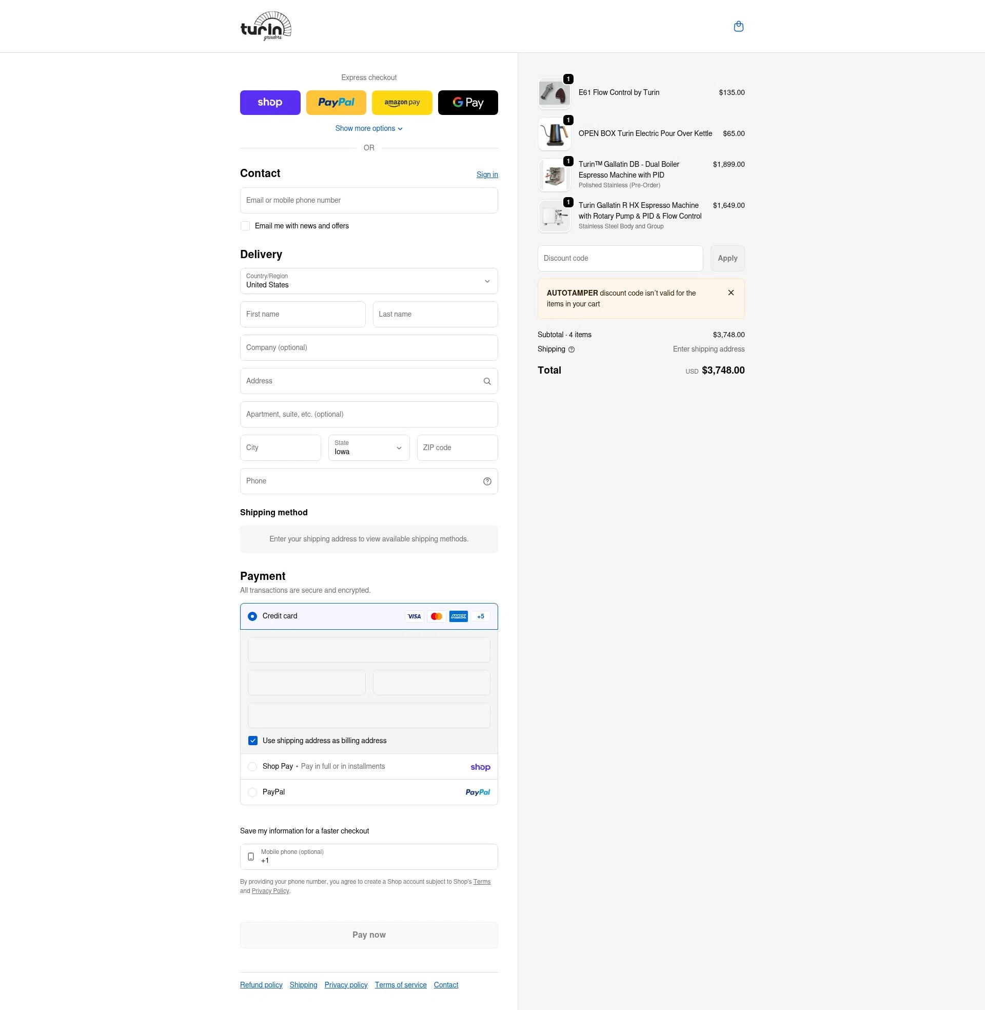 Turin Grinders checkout page showing Turin Grinders discount code box | Screenshot taken by SimplyCodes community member on Feb 7, 2026