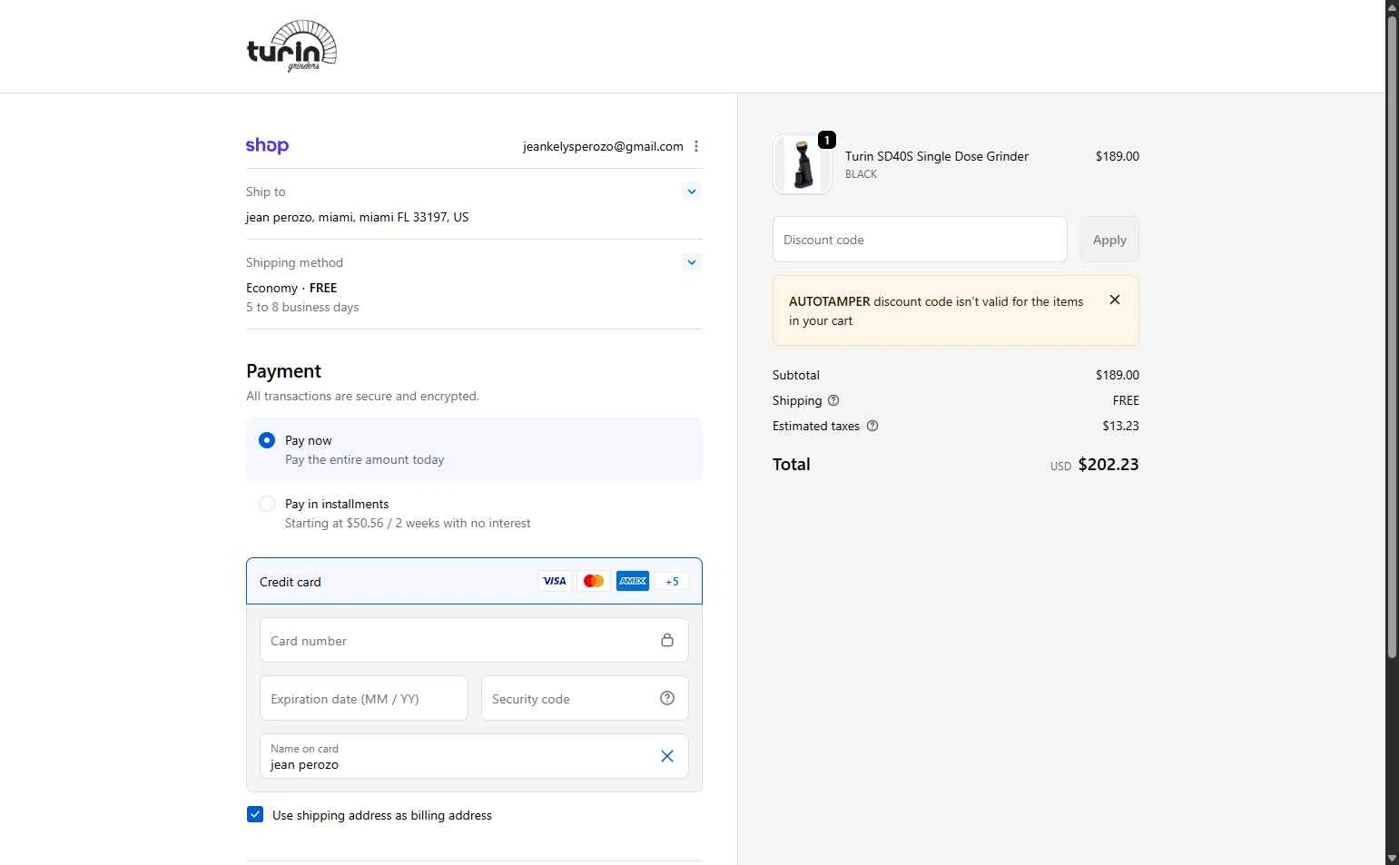 Turin Grinders checkout page showing Turin Grinders discount code box | Screenshot taken by SimplyCodes community member on Feb 6, 2026