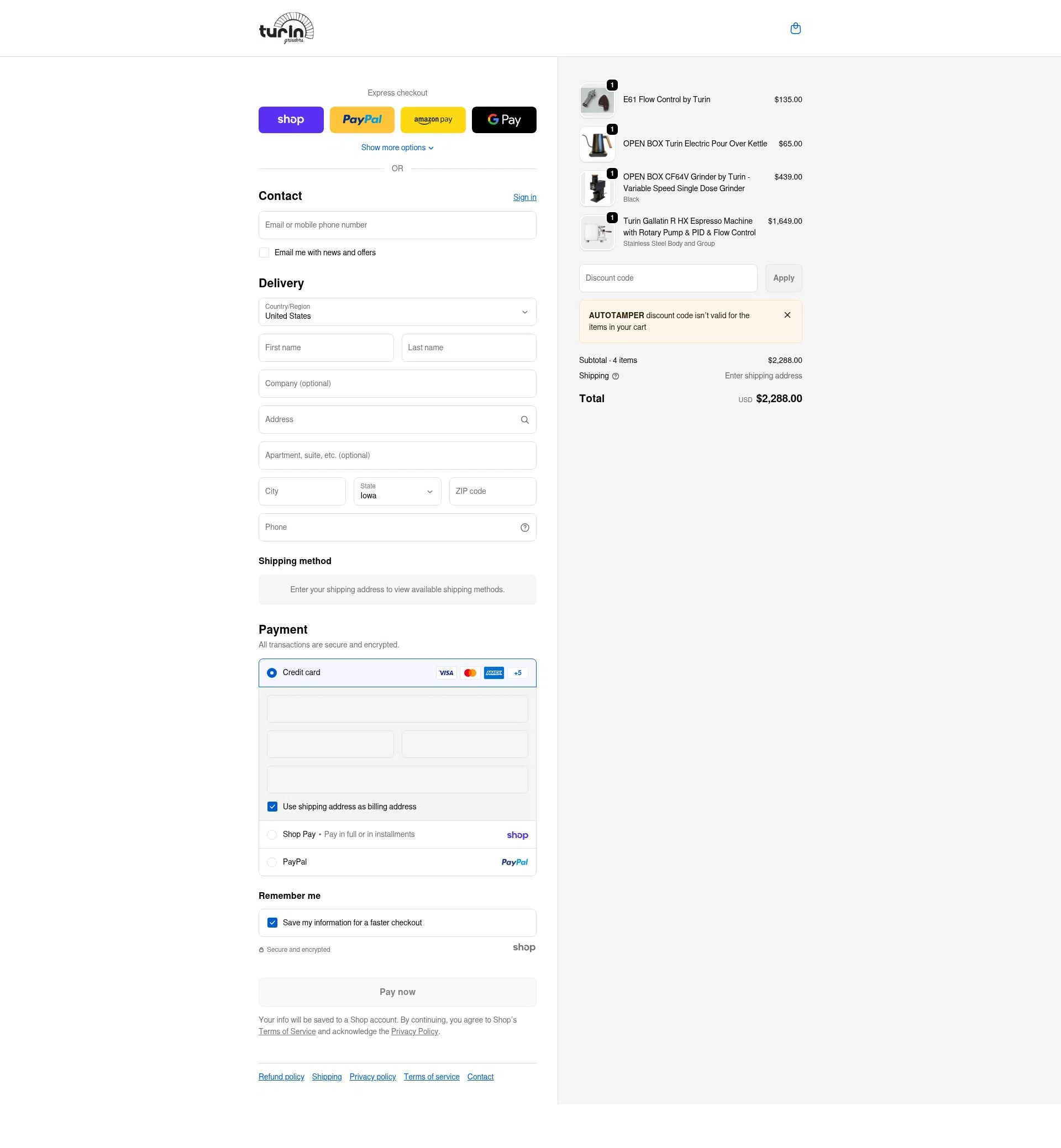Turin Grinders checkout page showing Turin Grinders discount code box | Screenshot taken by SimplyCodes community member on Jan 29, 2026