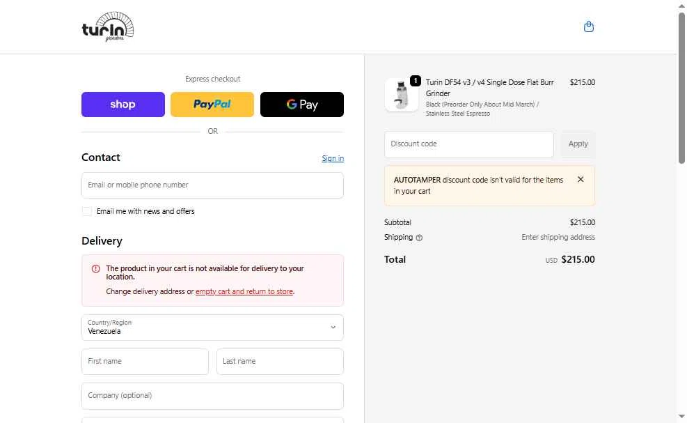 Turin Grinders checkout page showing Turin Grinders discount code box | Screenshot taken by SimplyCodes community member on Feb 3, 2026