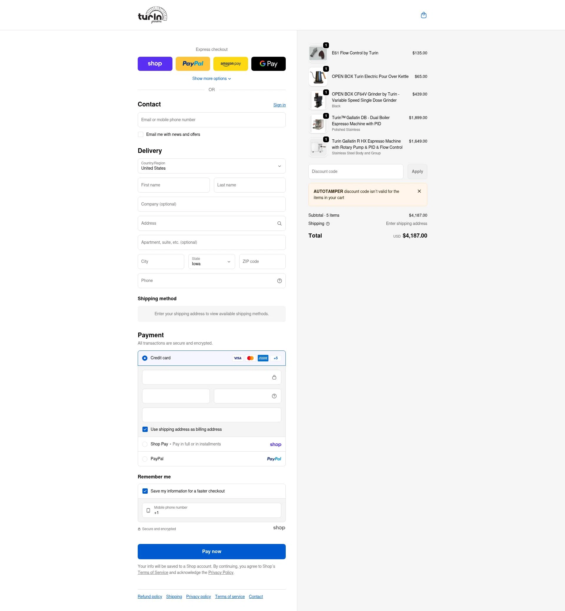 Turin Grinders checkout page showing Turin Grinders discount code box | Screenshot taken by SimplyCodes community member on Jan 25, 2026