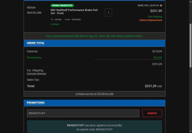 Turner Motorsport checkout page showing Turner Motorsport promo code box | Screenshot taken by SimplyCodes community member on Aug 22, 2025