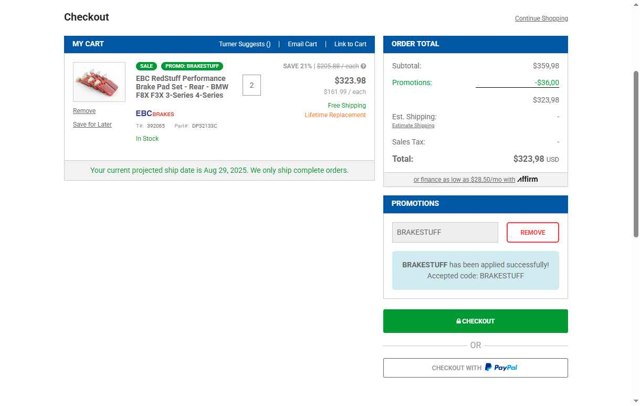Turner Motorsport checkout page showing Turner Motorsport promo code box | Screenshot taken by SimplyCodes community member on Aug 29, 2025