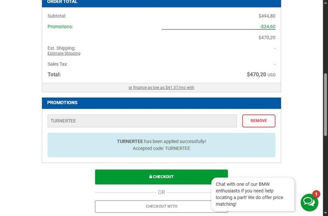 Turner Motorsport checkout page showing Turner Motorsport promo code box | Screenshot taken by SimplyCodes community member on Aug 14, 2025