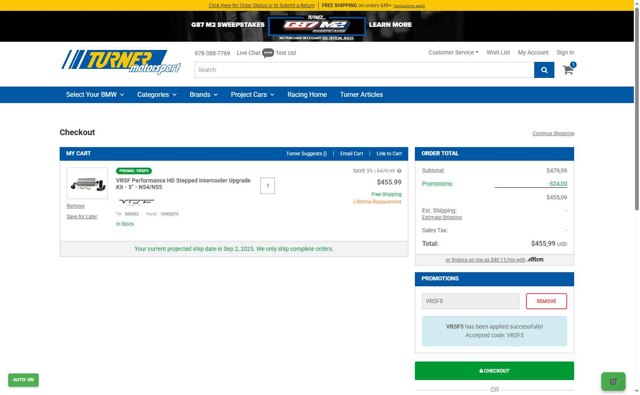 Turner Motorsport checkout page showing Turner Motorsport promo code box | Screenshot taken by SimplyCodes community member on Aug 30, 2025