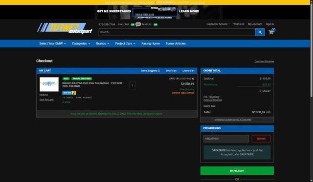 Turner Motorsport checkout page showing Turner Motorsport promo code box | Screenshot taken by SimplyCodes community member on Sep 2, 2025