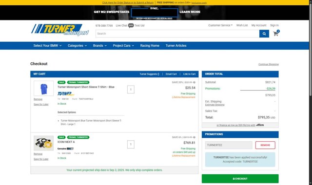 Turner Motorsport checkout page showing Turner Motorsport promo code box | Screenshot taken by SimplyCodes community member on Aug 30, 2025