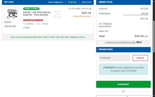 Turner Motorsport checkout page showing Turner Motorsport promo code box | Screenshot taken by SimplyCodes community member on Aug 31, 2025