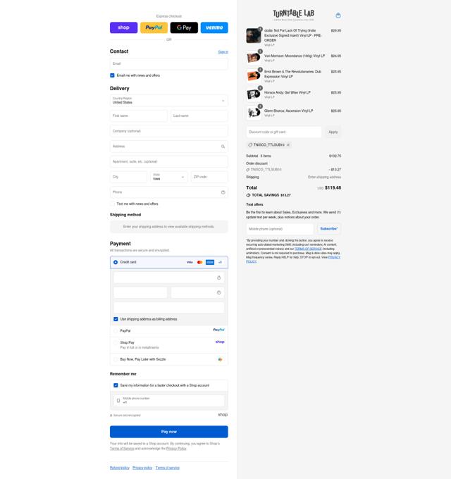 Turntable Lab checkout page showing Turntable Lab discount code box | Screenshot taken by SimplyCodes community member on Sep 15, 2025