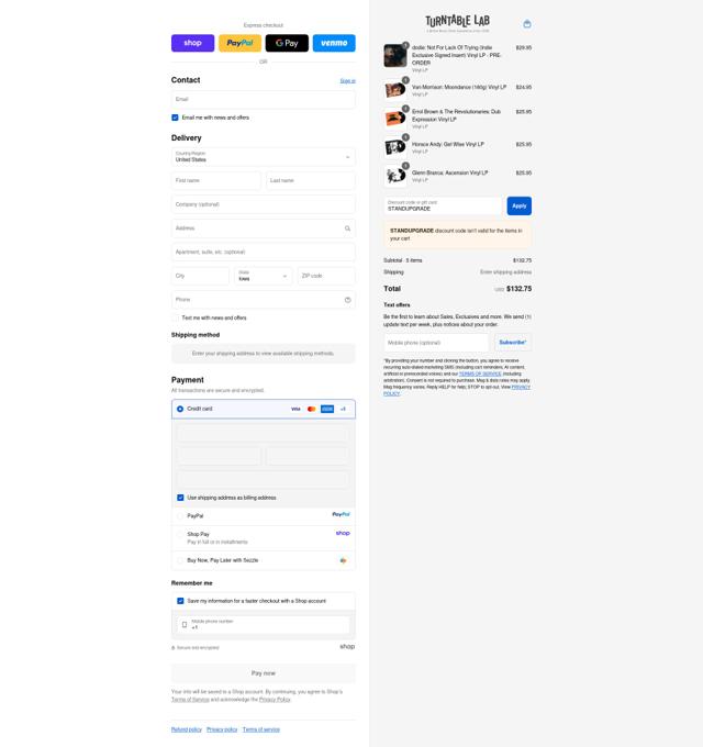 Turntable Lab checkout page showing Turntable Lab discount code box | Screenshot taken by SimplyCodes community member on Sep 12, 2025