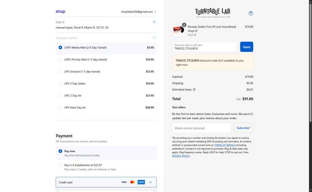 Turntable Lab checkout page showing Turntable Lab discount code box | Screenshot taken by SimplyCodes community member on Sep 15, 2025