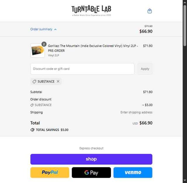 Turntable Lab checkout page showing Turntable Lab discount code box | Screenshot taken by SimplyCodes community member on Sep 16, 2025