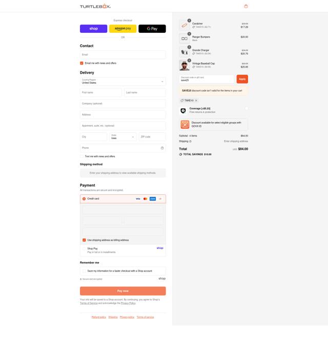 TURTLEBOX checkout page showing TURTLEBOX discount code box | Screenshot taken by SimplyCodes community member on Sep 10, 2025