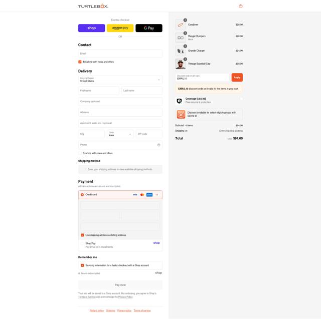 TURTLEBOX checkout page showing TURTLEBOX discount code box | Screenshot taken by SimplyCodes community member on Sep 10, 2025