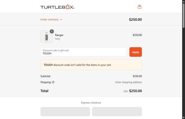 TURTLEBOX checkout page showing TURTLEBOX discount code box | Screenshot taken by SimplyCodes community member on Sep 11, 2025