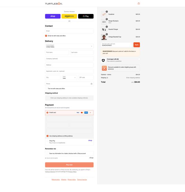 TURTLEBOX checkout page showing TURTLEBOX discount code box | Screenshot taken by SimplyCodes community member on Sep 10, 2025