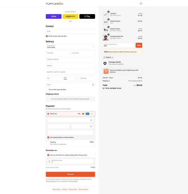 TURTLEBOX checkout page showing TURTLEBOX discount code box | Screenshot taken by SimplyCodes community member on Sep 10, 2025