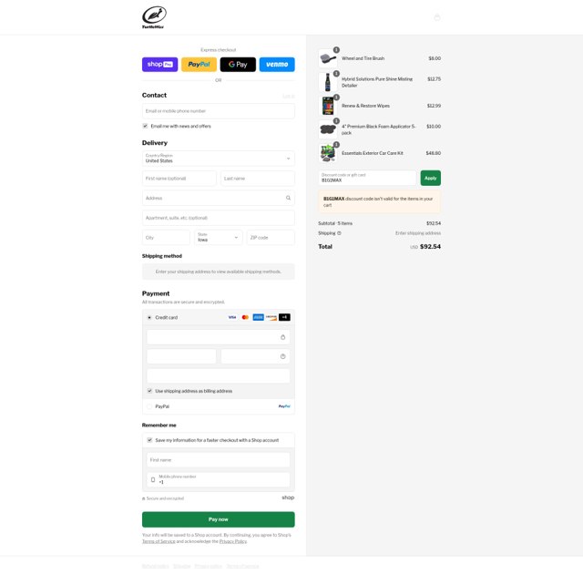 Turtle Wax checkout page showing Turtle Wax discount code box | Screenshot taken by SimplyCodes community member on Aug 20, 2025