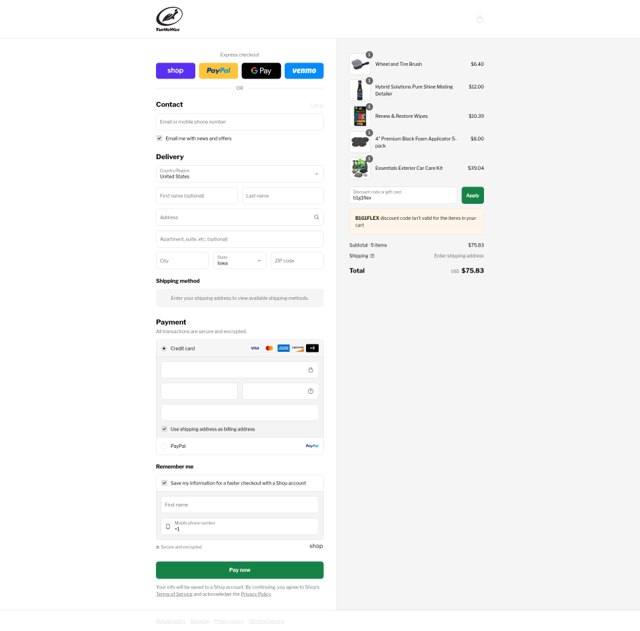 Turtle Wax checkout page showing Turtle Wax discount code box | Screenshot taken by SimplyCodes community member on Aug 28, 2025