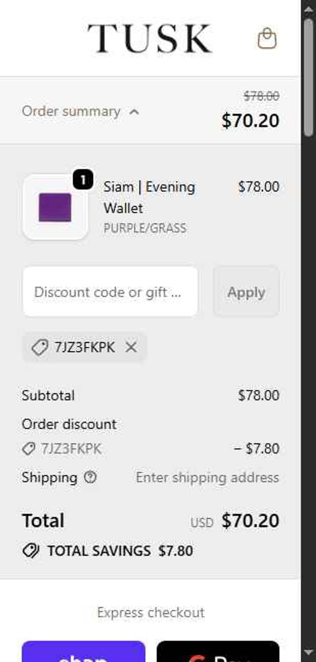 Tusk checkout page showing Tusk discount code box | Screenshot taken by SimplyCodes community member on Sep 30, 2025
