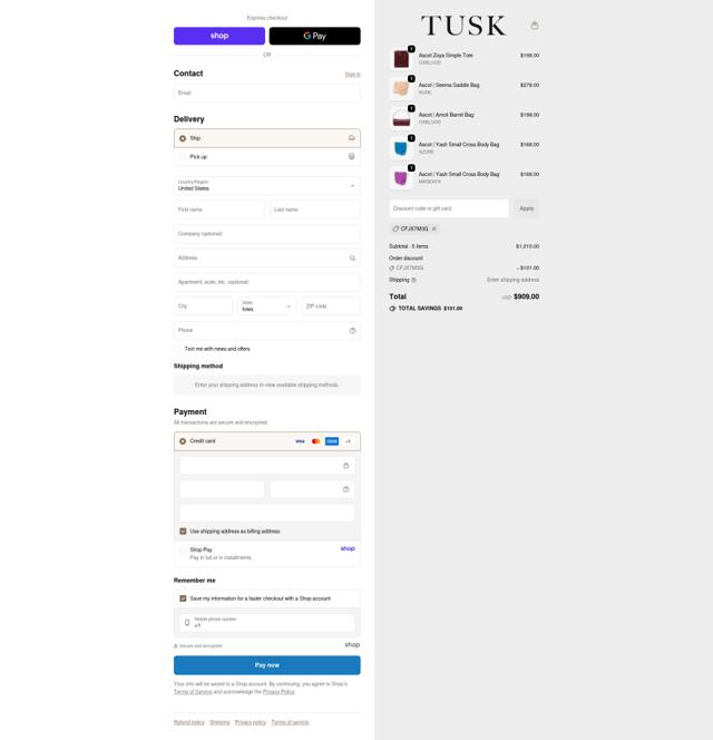 Tusk checkout page showing Tusk discount code box | Screenshot taken by SimplyCodes community member on Sep 30, 2025