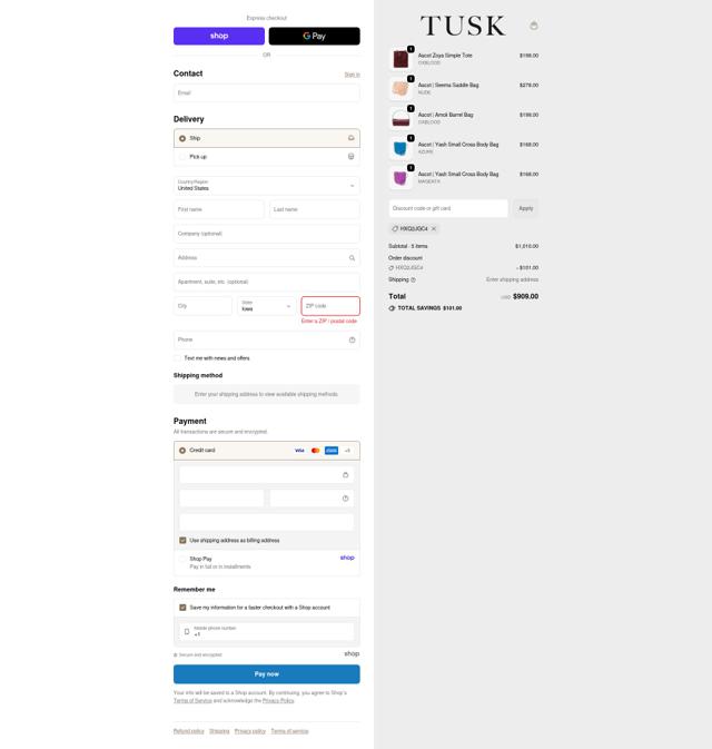 Tusk checkout page showing Tusk discount code box | Screenshot taken by SimplyCodes community member on Sep 23, 2025