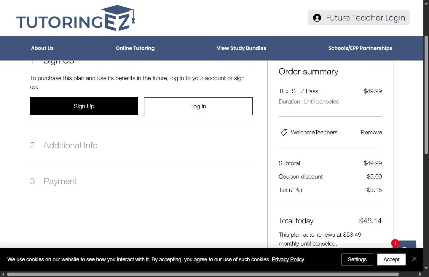 TutoringEZ checkout page showing TutoringEZ promo code box | Screenshot taken by SimplyCodes community member on Oct 23, 2025