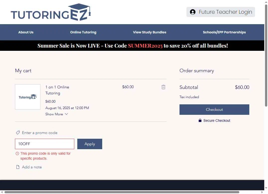 TutoringEZ checkout page showing TutoringEZ promo code box | Screenshot taken by SimplyCodes community member on Aug 13, 2025