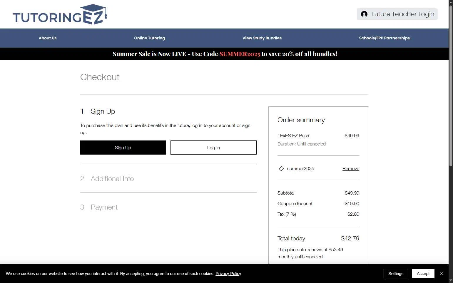 TutoringEZ checkout page showing TutoringEZ promo code box | Screenshot taken by SimplyCodes community member on Aug 21, 2025
