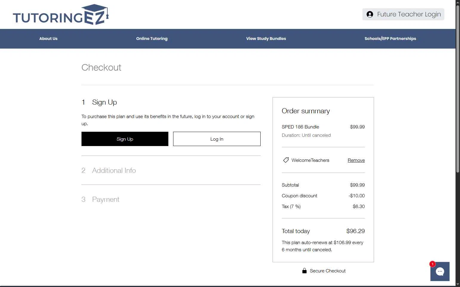 TutoringEZ checkout page showing TutoringEZ promo code box | Screenshot taken by SimplyCodes community member on Nov 21, 2025