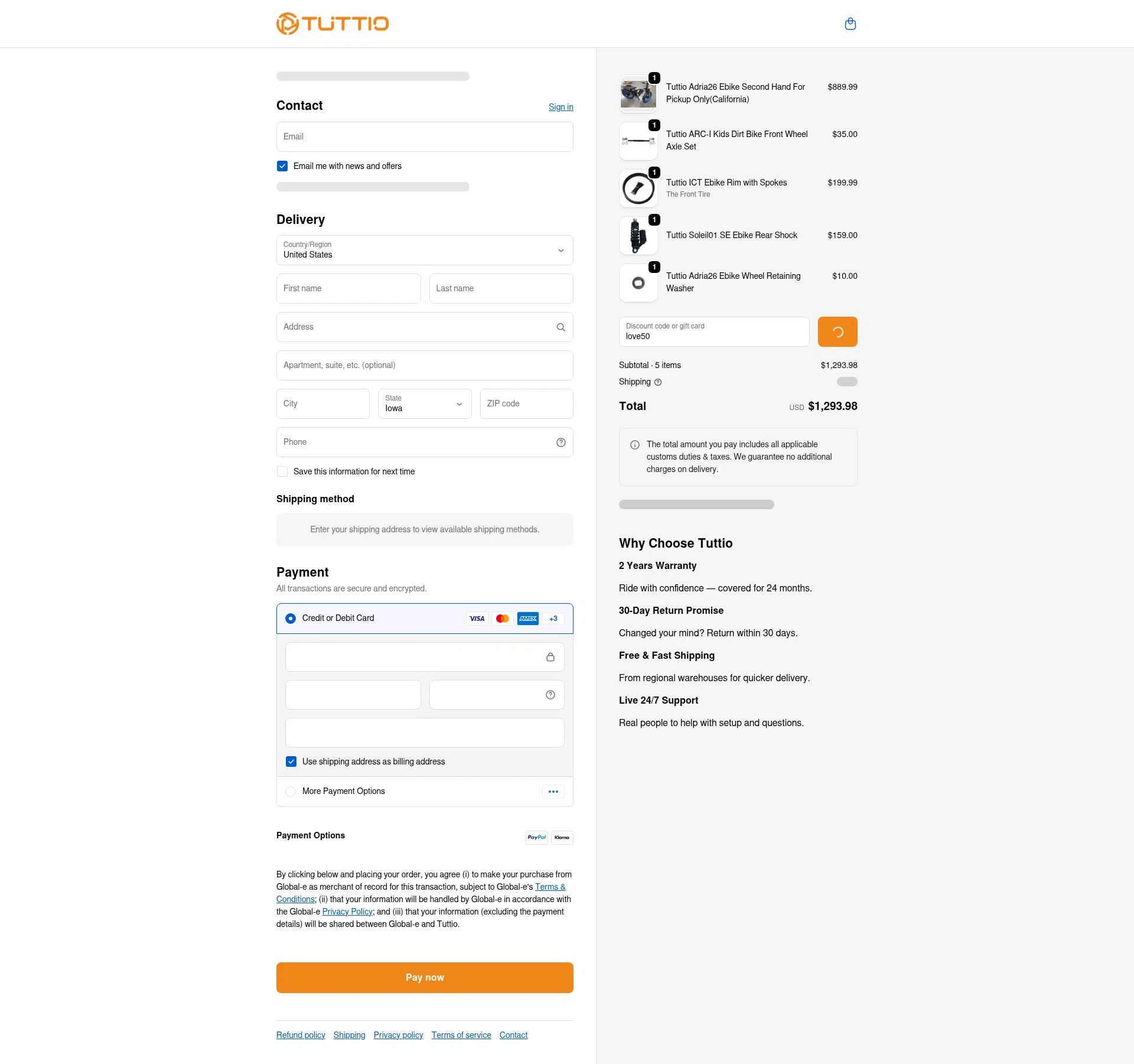 TUTTIO checkout page showing TUTTIO discount code box | Screenshot taken by SimplyCodes community member on Feb 13, 2026