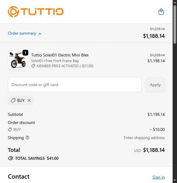 TUTTIO checkout page showing TUTTIO discount code box | Screenshot taken by SimplyCodes community member on Feb 12, 2026