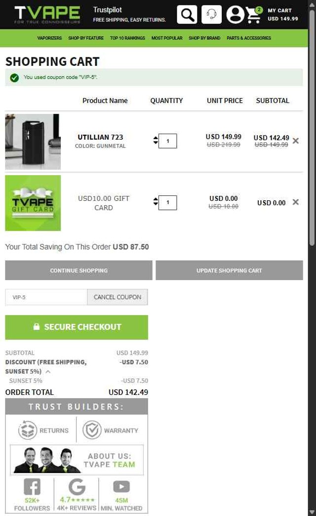 TVape checkout page showing TVape promo code box | Screenshot taken by SimplyCodes community member on Jul 31, 2025