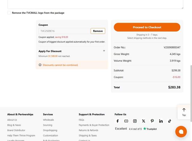 TVC Mall checkout page showing TVC Mall promo code box | Screenshot taken by SimplyCodes community member on Sep 8, 2025