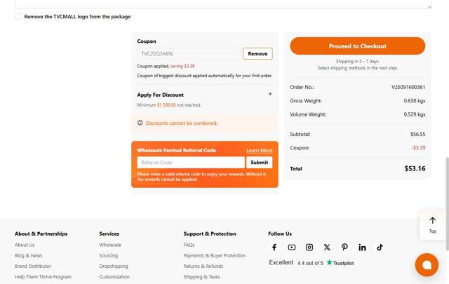 TVC Mall checkout page showing TVC Mall promo code box | Screenshot taken by SimplyCodes community member on Sep 16, 2025