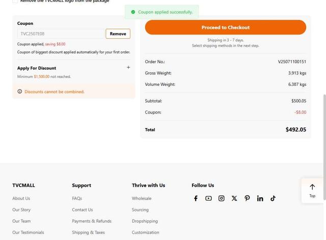 TVC Mall checkout page showing TVC Mall promo code box | Screenshot taken by SimplyCodes community member on Jul 11, 2025