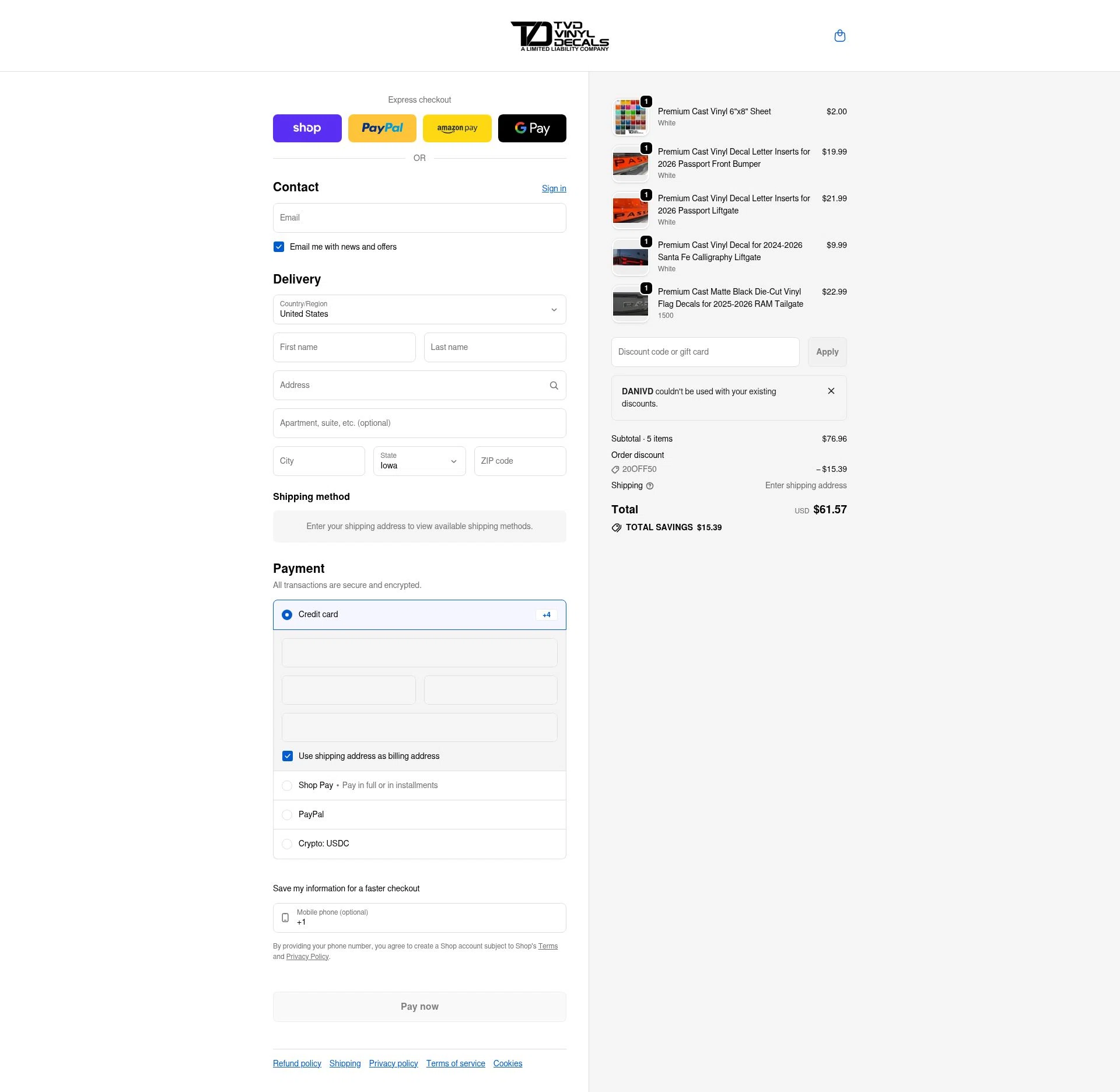 TVD Vinyl Decals checkout page showing TVD Vinyl Decals discount code box | Screenshot taken by SimplyCodes community member on Feb 13, 2026