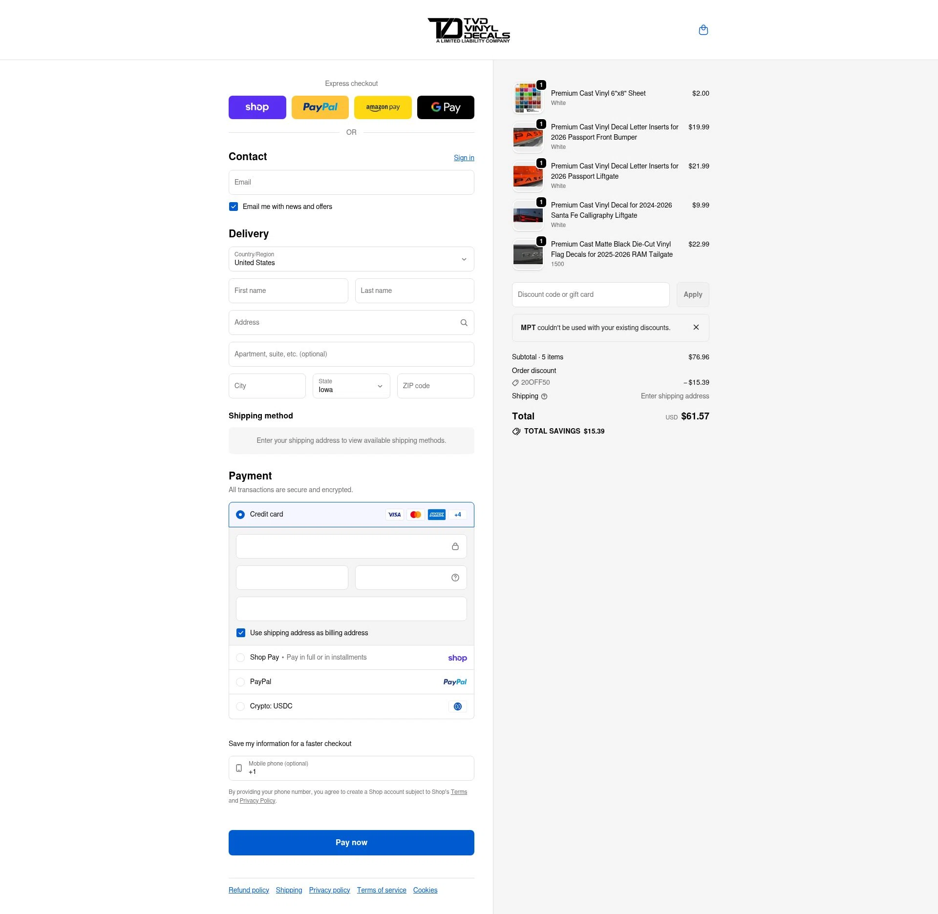 TVD Vinyl Decals checkout page showing TVD Vinyl Decals discount code box | Screenshot taken by SimplyCodes community member on Feb 13, 2026