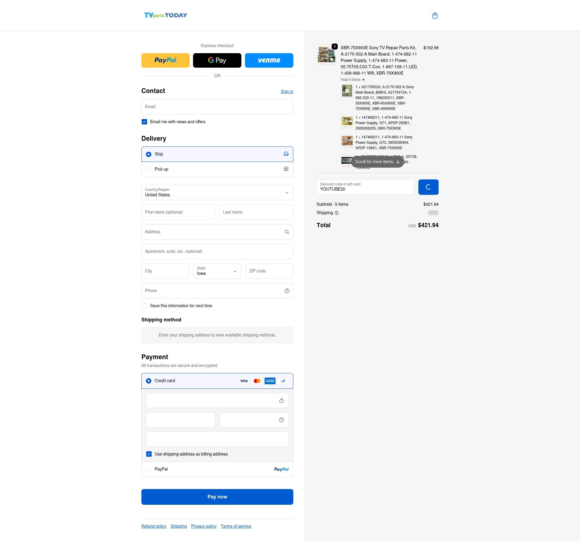TV Parts Today checkout page showing TV Parts Today discount code box | Screenshot taken by SimplyCodes community member on Feb 9, 2026