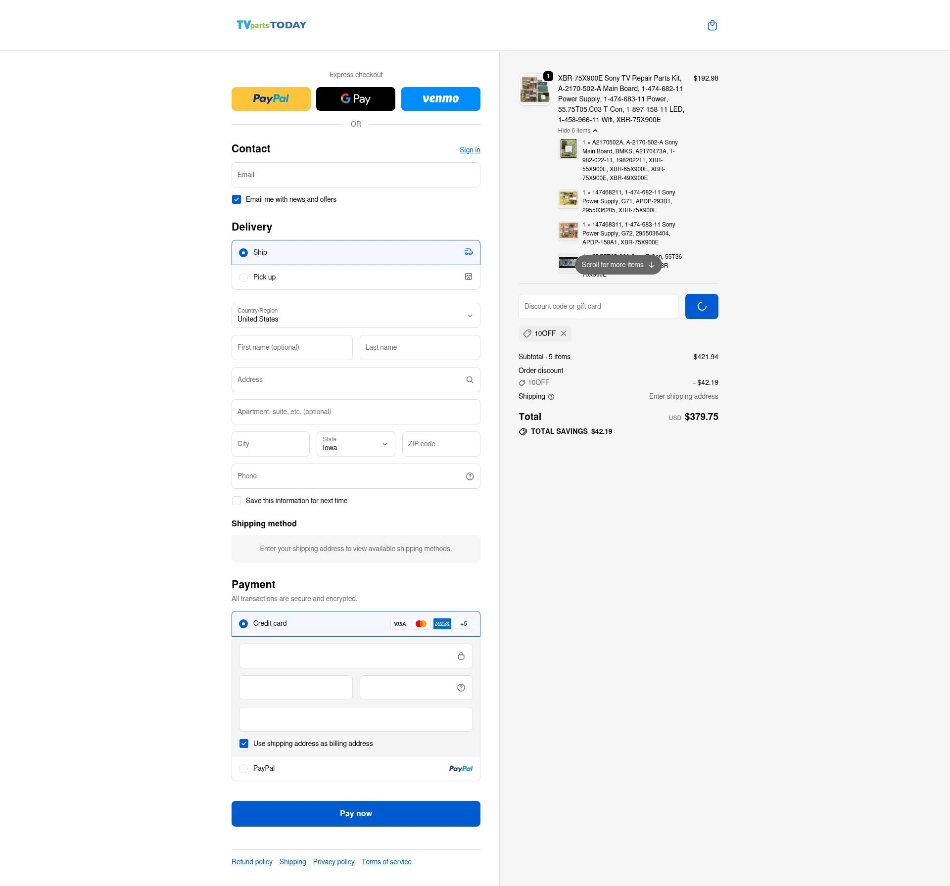 TV Parts Today checkout page showing TV Parts Today discount code box | Screenshot taken by SimplyCodes community member on Feb 9, 2026