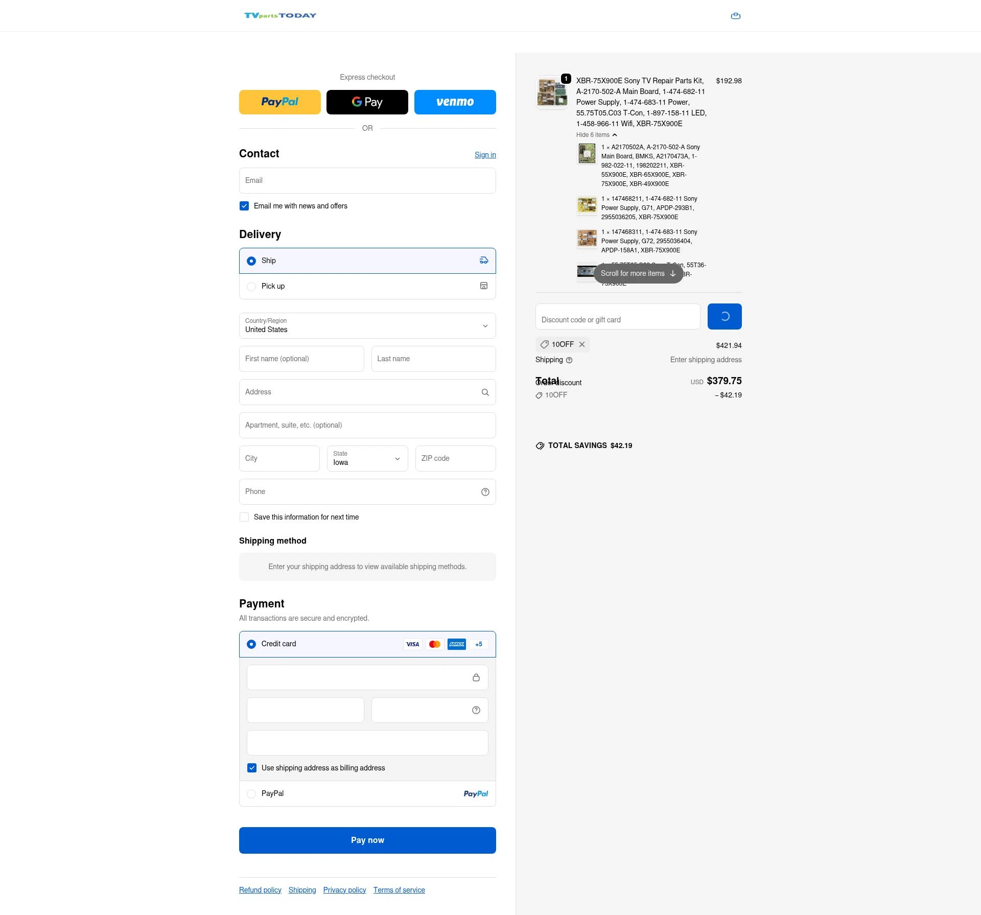 TV Parts Today checkout page showing TV Parts Today discount code box | Screenshot taken by SimplyCodes community member on Feb 13, 2026
