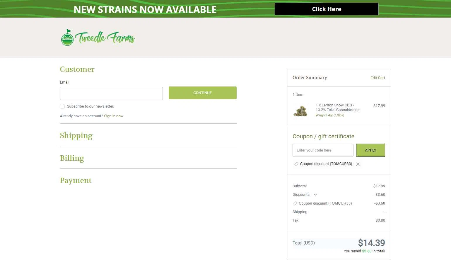 Tweedle Farms checkout page showing Tweedle Farms coupon code box | Screenshot taken by SimplyCodes community member on Feb 8, 2026