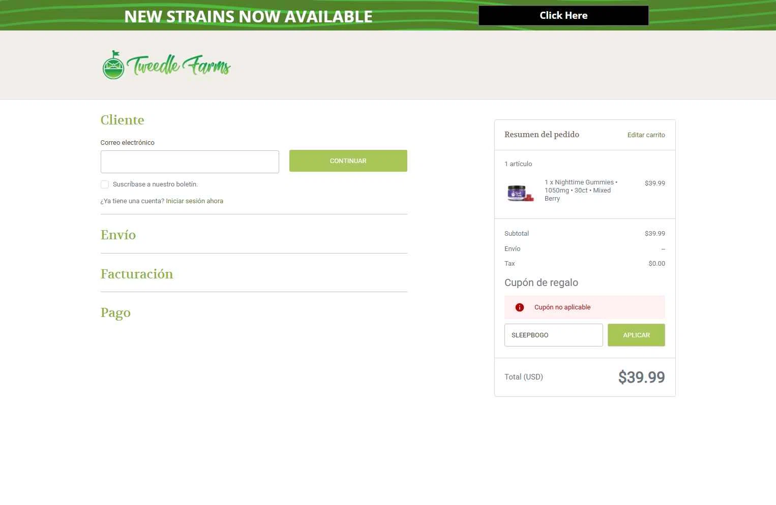Tweedle Farms checkout page showing Tweedle Farms coupon code box | Screenshot taken by SimplyCodes community member on Dec 29, 2025