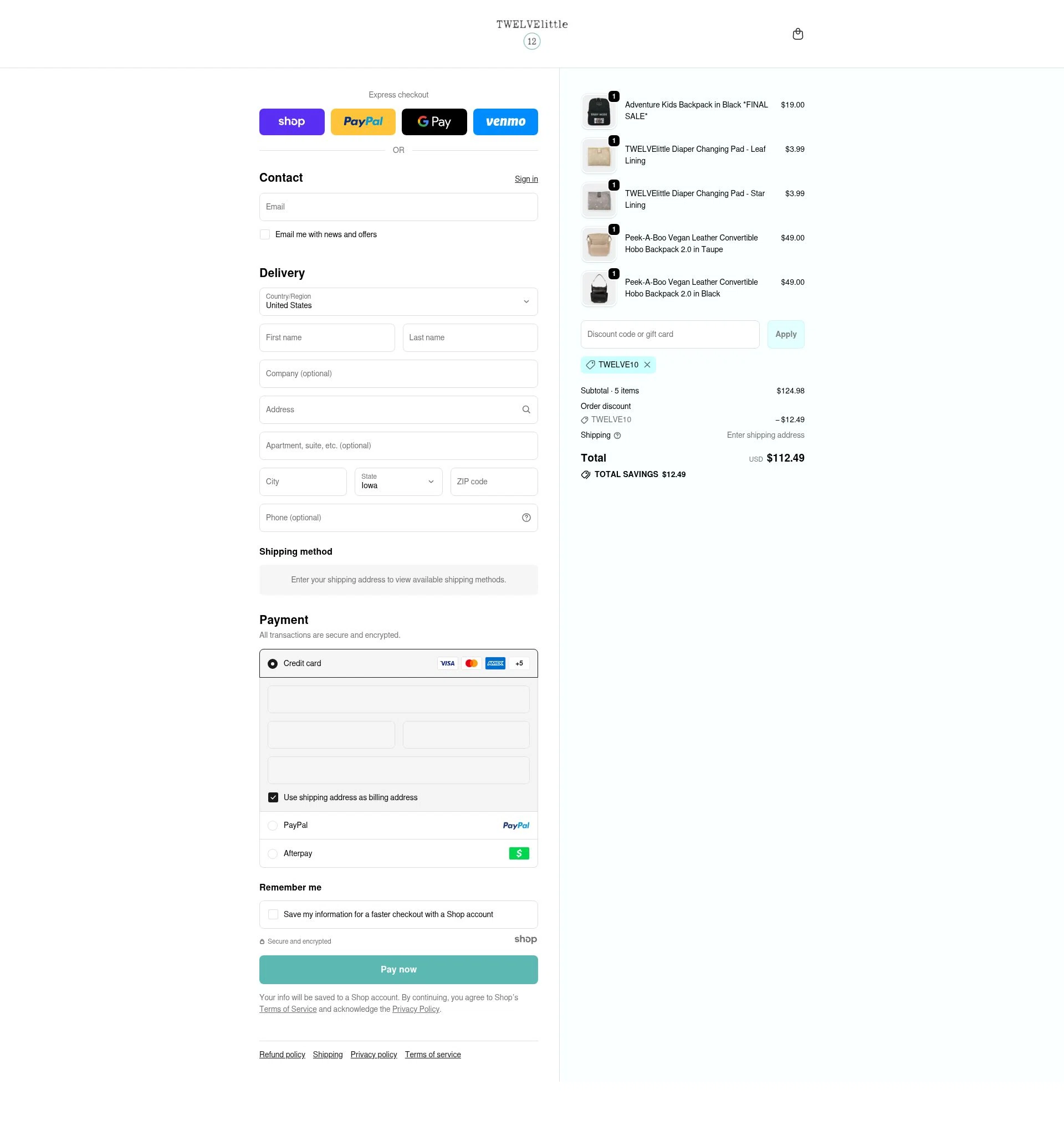 TWELVElittle checkout page showing TWELVElittle promo code box | Screenshot taken by SimplyCodes community member on Nov 6, 2025