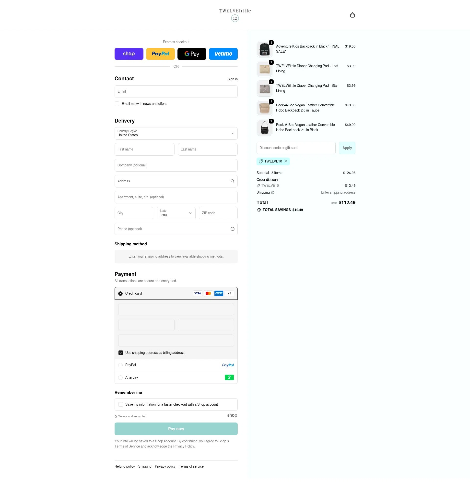 TWELVElittle checkout page showing TWELVElittle promo code box | Screenshot taken by SimplyCodes community member on Nov 12, 2025
