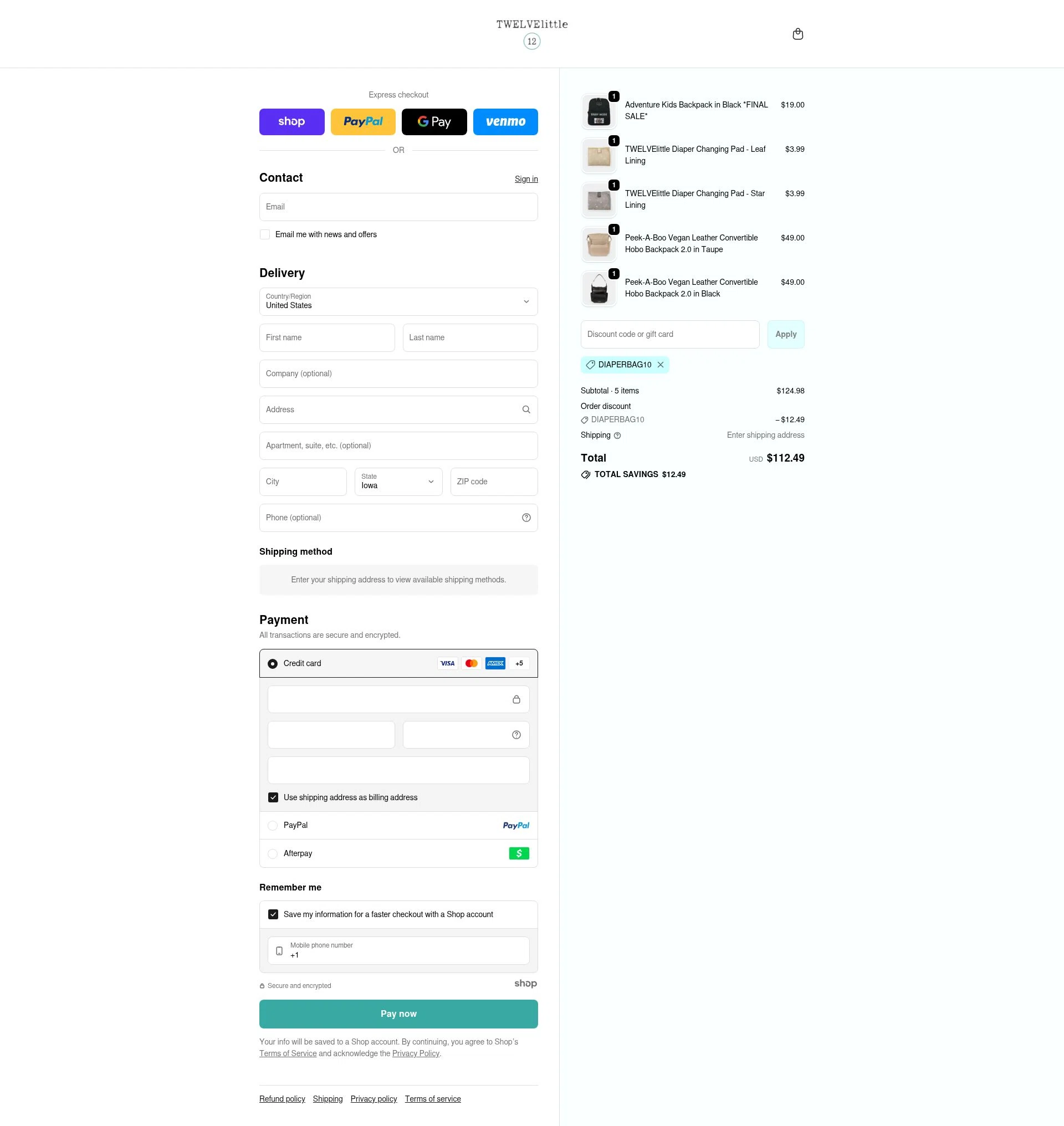 TWELVElittle checkout page showing TWELVElittle promo code box | Screenshot taken by SimplyCodes community member on Nov 12, 2025