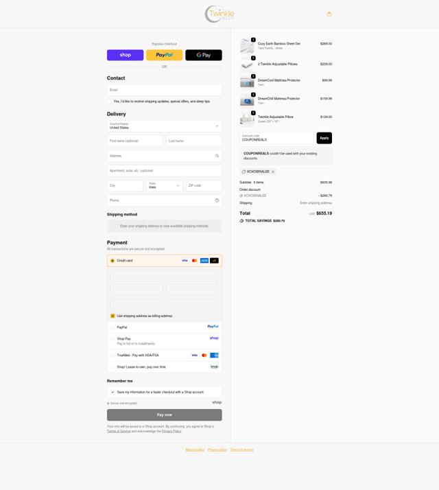 Twinkle Beds checkout page showing Twinkle Beds promo code box | Screenshot taken by SimplyCodes community member on Sep 24, 2025