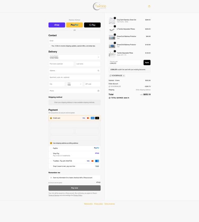 Twinkle Beds checkout page showing Twinkle Beds promo code box | Screenshot taken by SimplyCodes community member on Sep 24, 2025